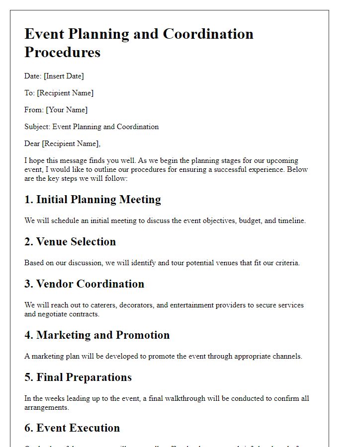 Letter template of event planning and coordination procedures