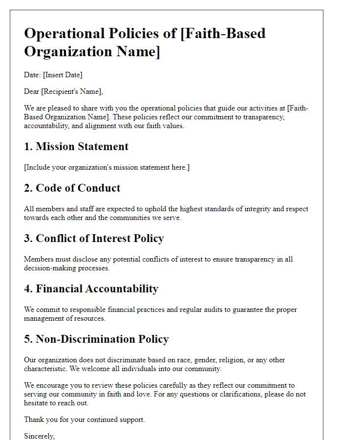 Letter template of faith-based organization operational policies