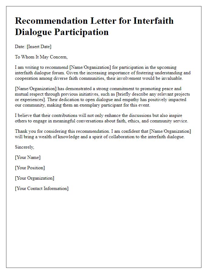 Letter template of interfaith dialogue participation recommendations