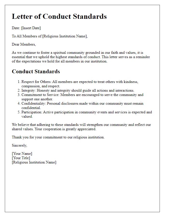 Letter template of religious institution conduct standards