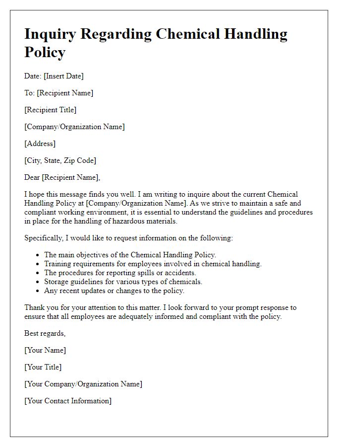 Letter template of Chemical Handling Policy Inquiry