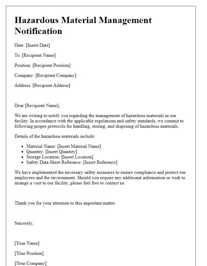 Letter template of Hazardous Material Management Notification