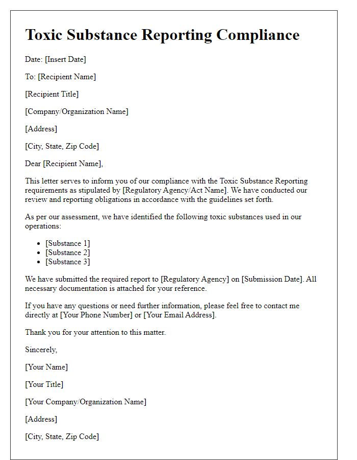 Letter template of Toxic Substance Reporting Compliance