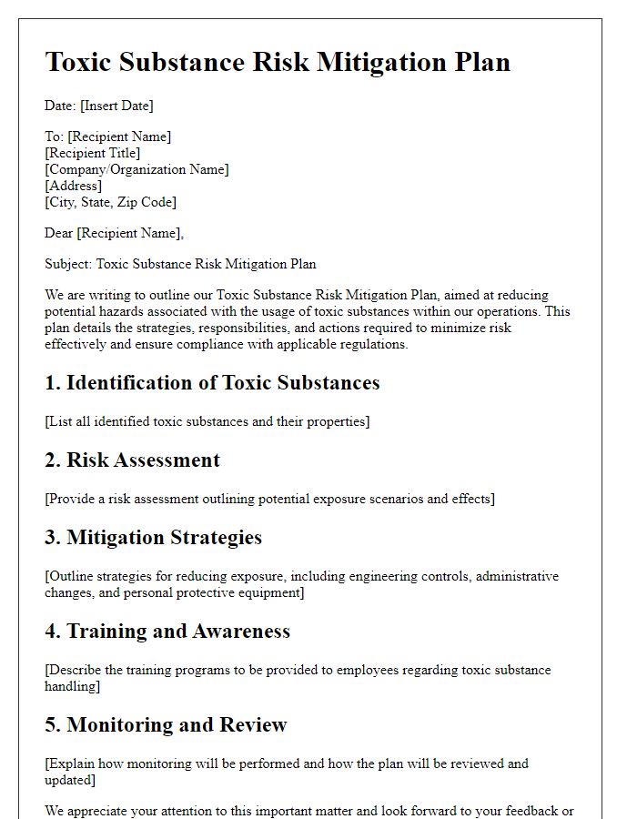 Letter template of Toxic Substance Risk Mitigation Plan