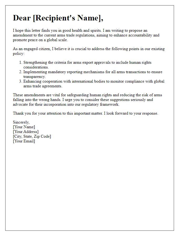 Letter template of arms trade regulation amendment suggestion.