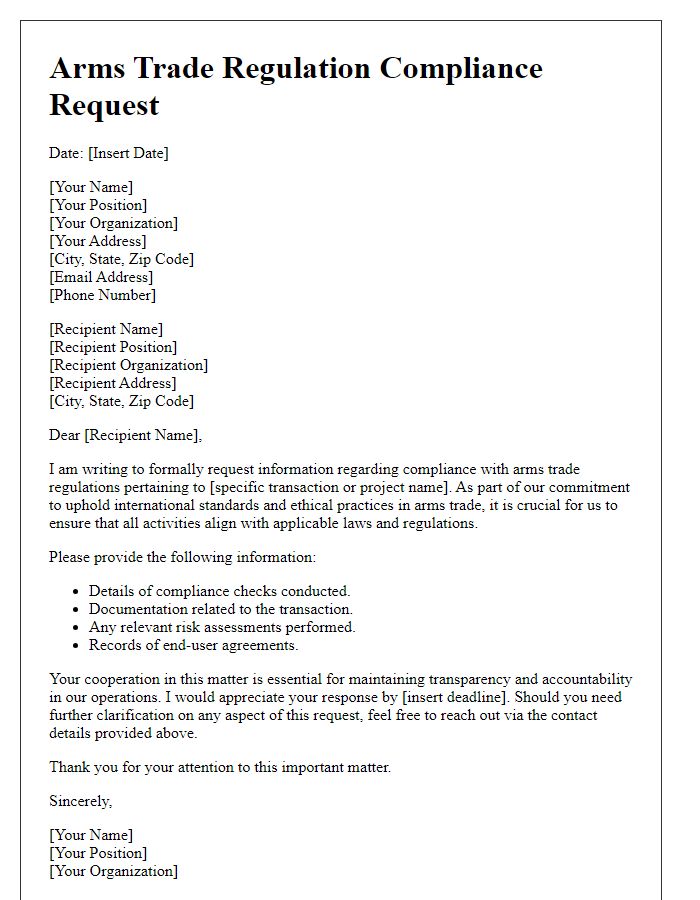 Letter template of arms trade regulation compliance request.