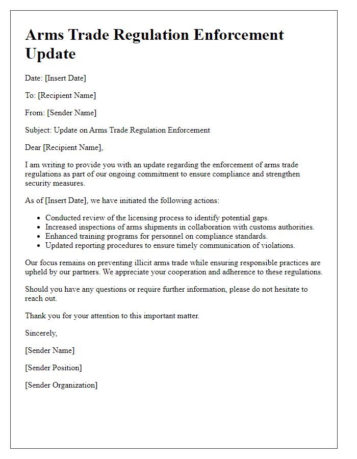 Letter template of arms trade regulation enforcement update.