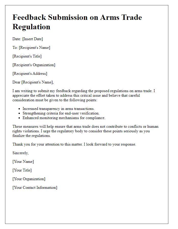 Letter template of arms trade regulation feedback submission.