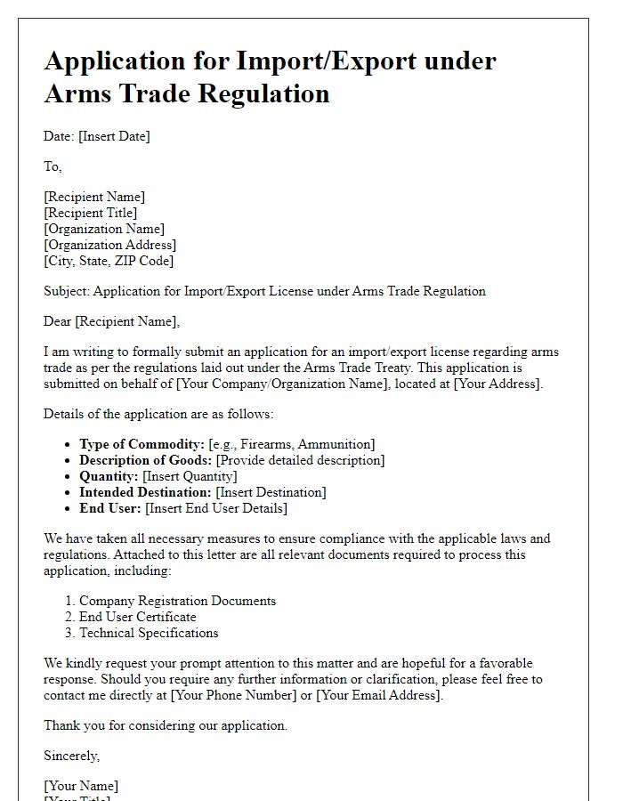 Letter template of arms trade regulation import/export application.