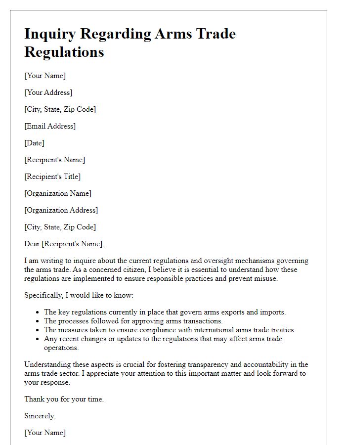 Letter template of arms trade regulation inquiry.