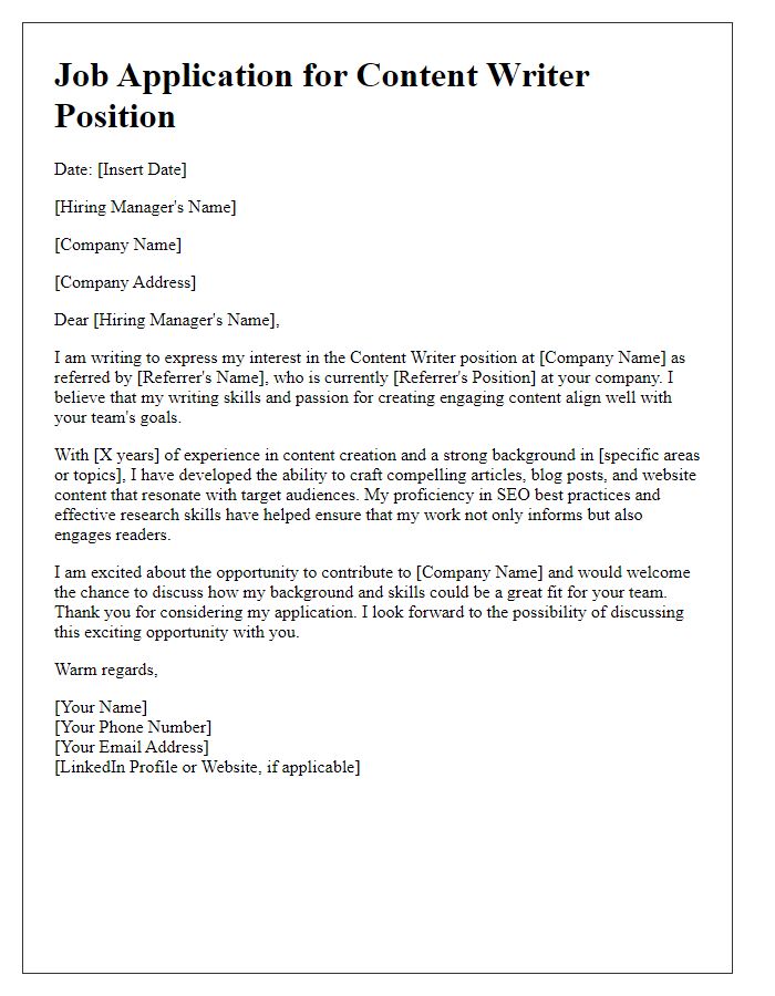 Letter template of Job Application through Referral for Content Writer Role