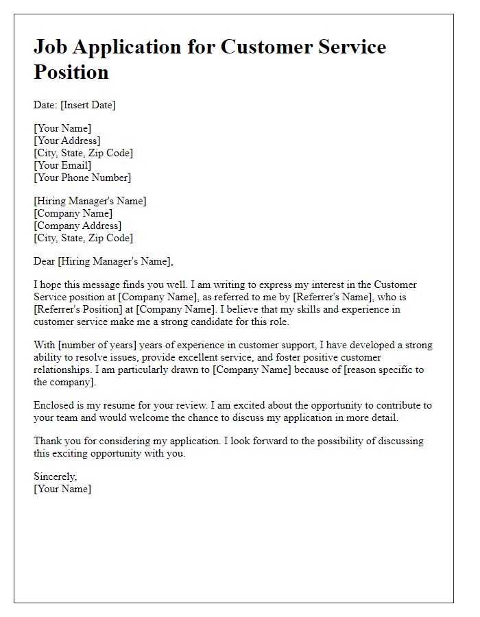 Letter template of Job Application through Referral for Customer Service Position