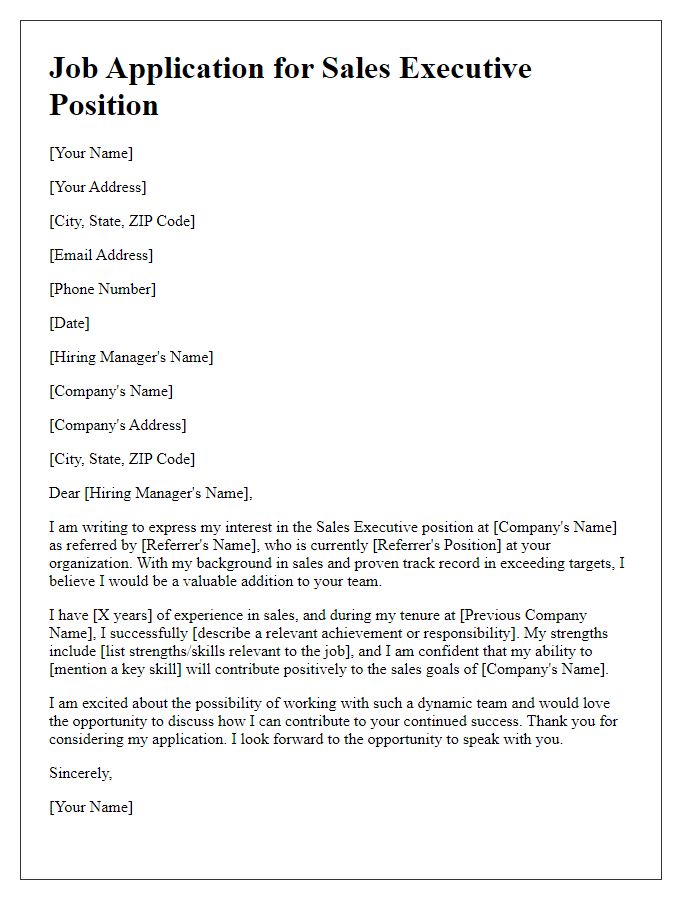 Letter template of Job Application through Referral for Sales Executive Opportunity