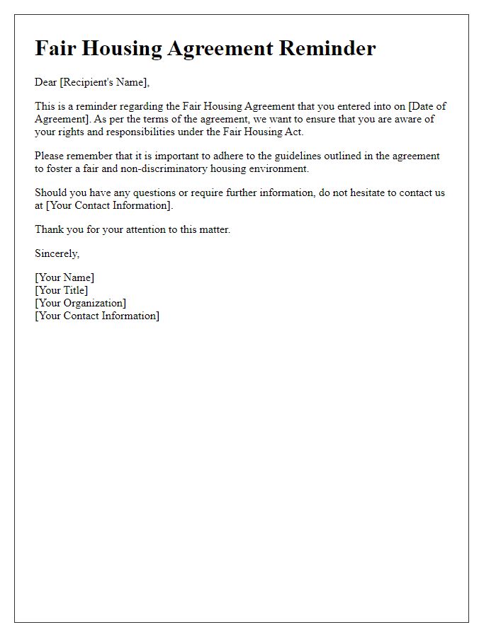 Letter template of Fair Housing Agreement Reminder