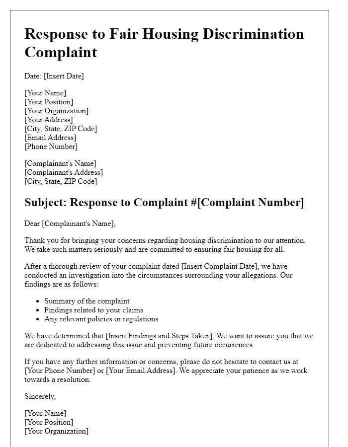 Letter template of Fair Housing Discrimination Complaint Response