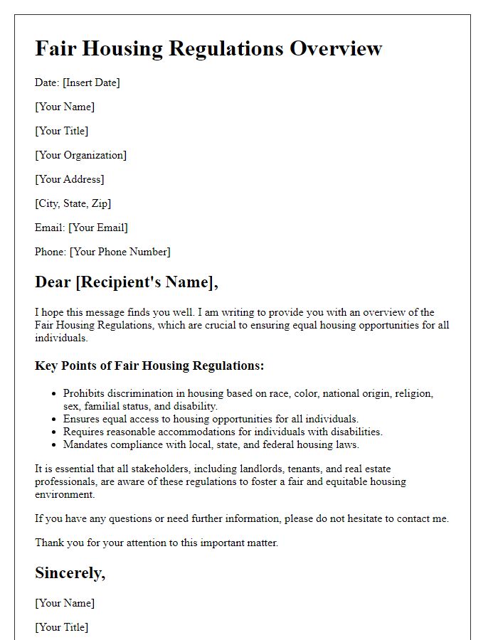 Letter template of Fair Housing Regulations Overview