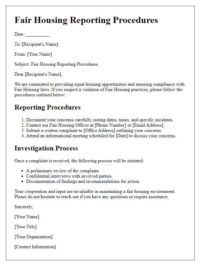 Letter template of Fair Housing Reporting Procedures