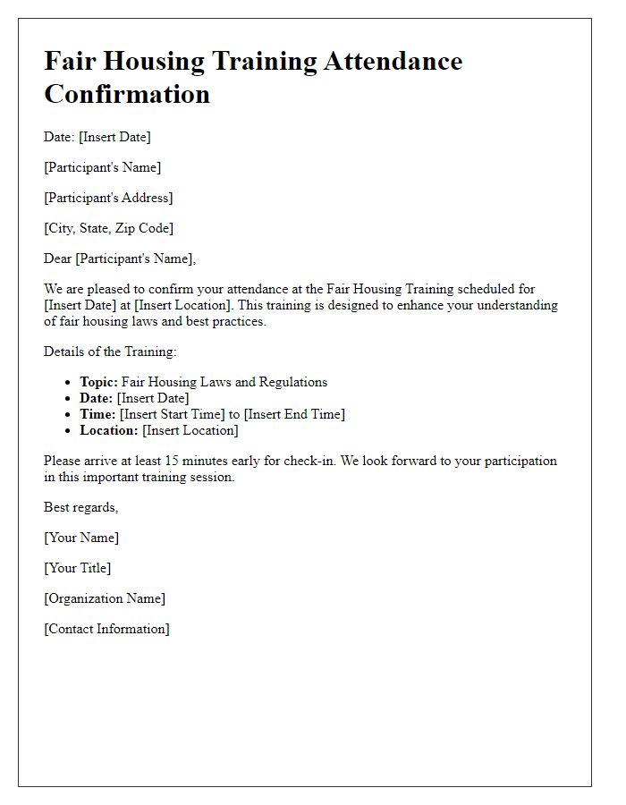 Letter template of Fair Housing Training Attendance