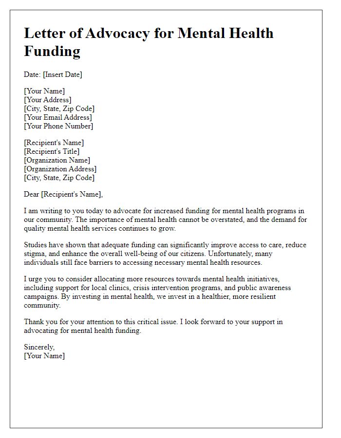 Letter template of advocacy for mental health funding.