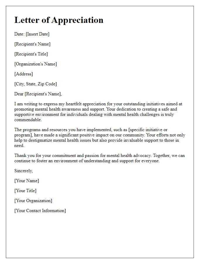 Letter template of appreciation for mental health initiatives.