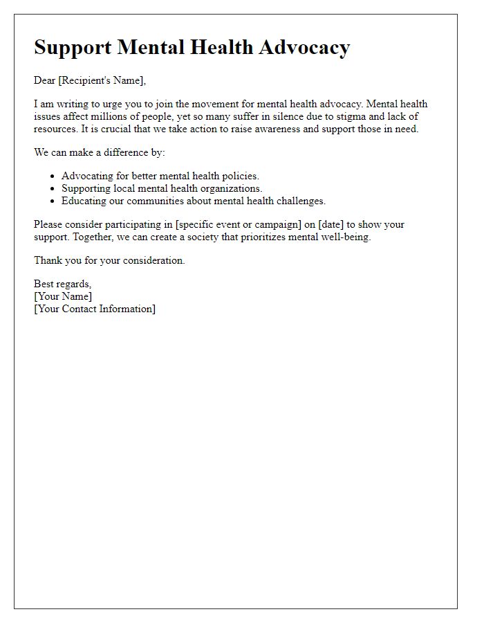 Letter template of call to action for mental health advocacy.