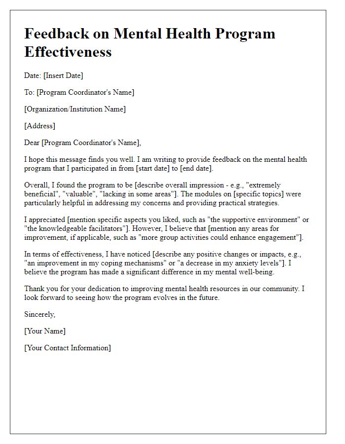 Letter template of feedback on mental health program effectiveness.