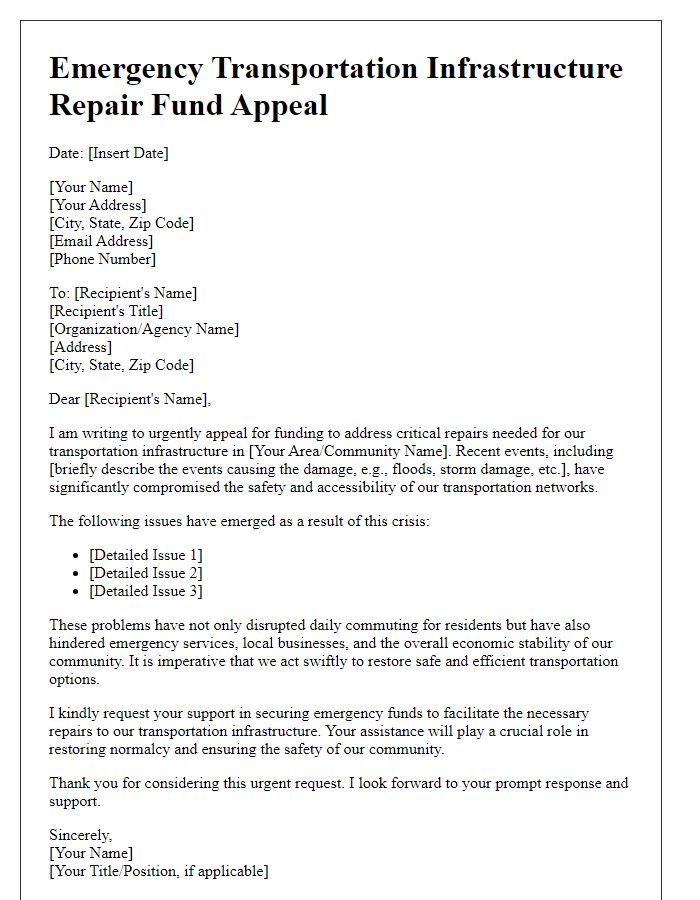 Letter template of appeal for emergency transportation infrastructure repair funds.