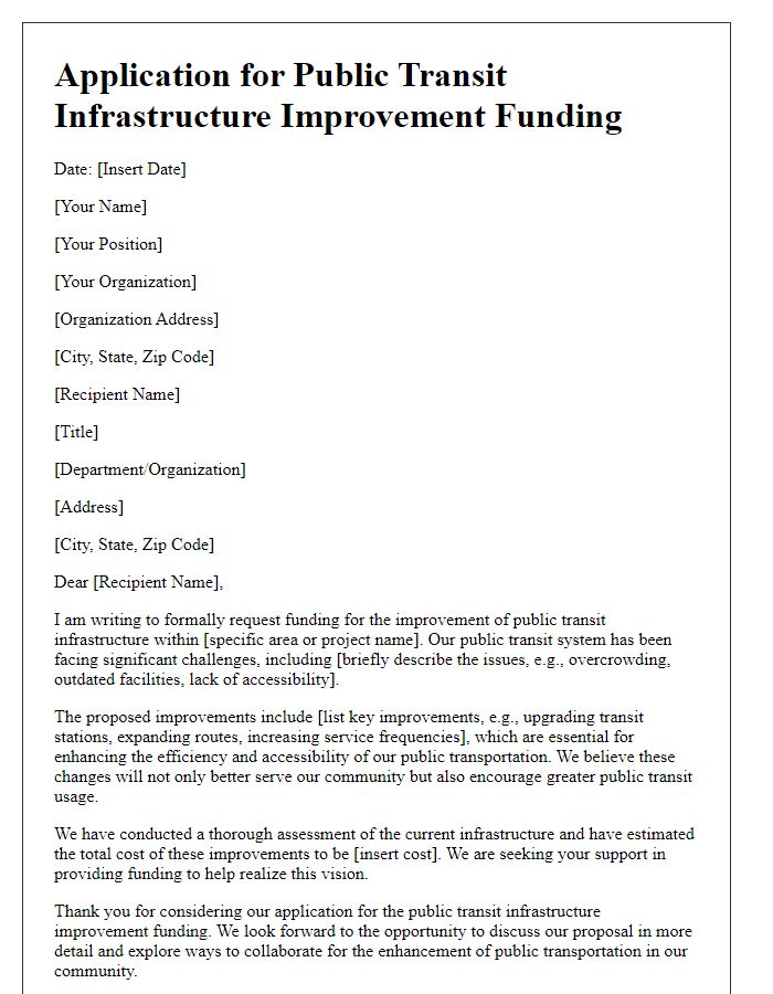 Letter template of application for public transit infrastructure improvement funding.