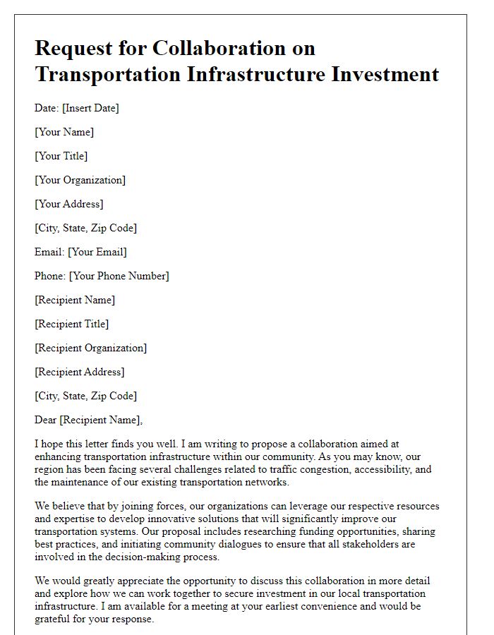 Letter template of collaboration request for transportation infrastructure investment.