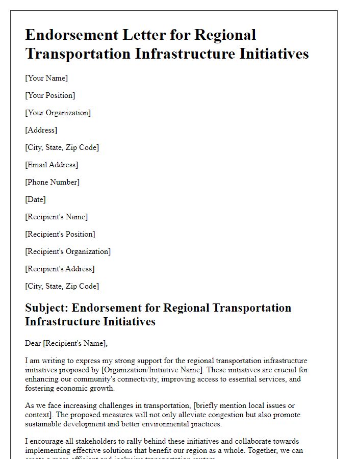 Letter template of endorsement for regional transportation infrastructure initiatives.