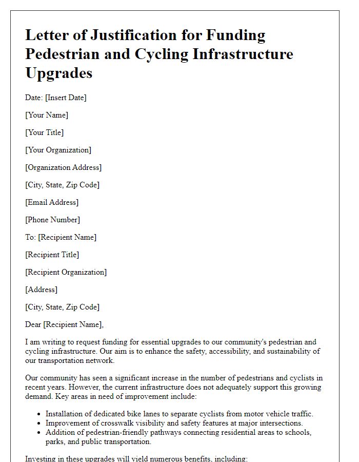 Letter template of justification for funding pedestrian and cycling infrastructure upgrades.