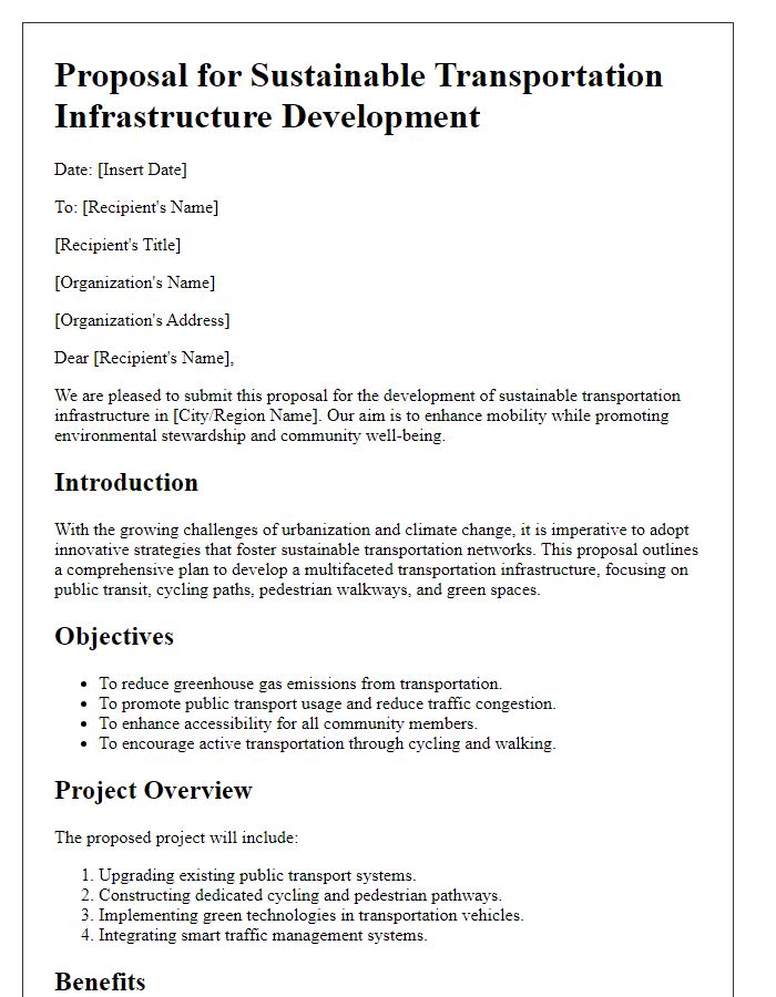 Letter template of proposal for sustainable transportation infrastructure development.