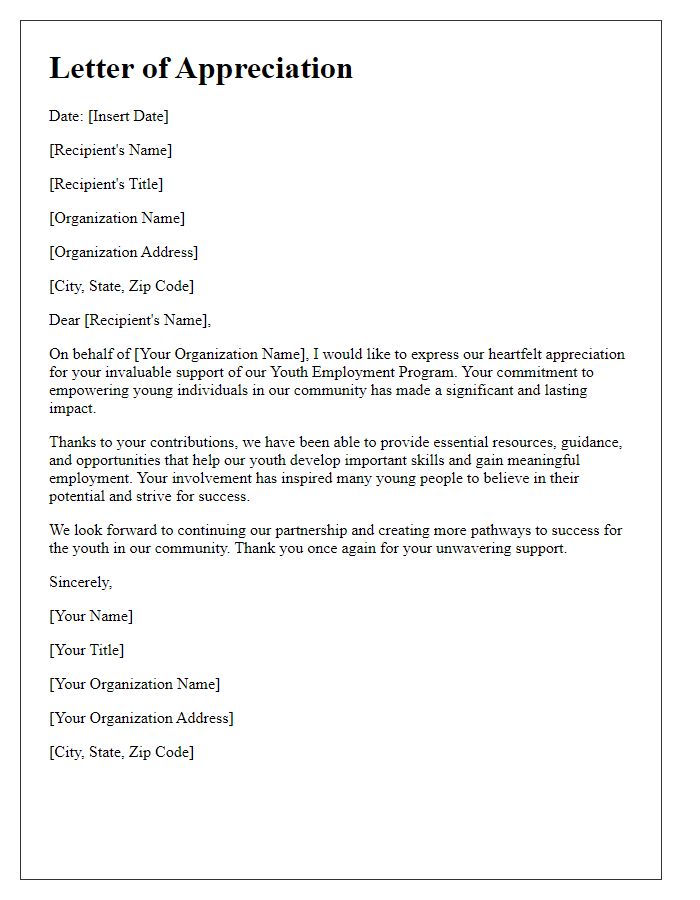 Letter template of Appreciation for Youth Employment Program Support