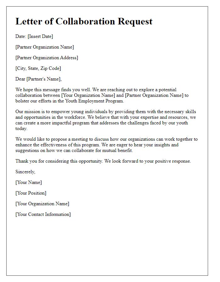 Letter template of Collaboration Request for Youth Employment Program Partners