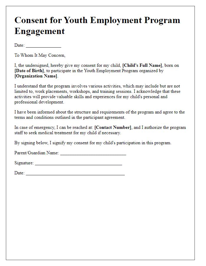 Letter template of Consent for Youth Employment Program Engagement