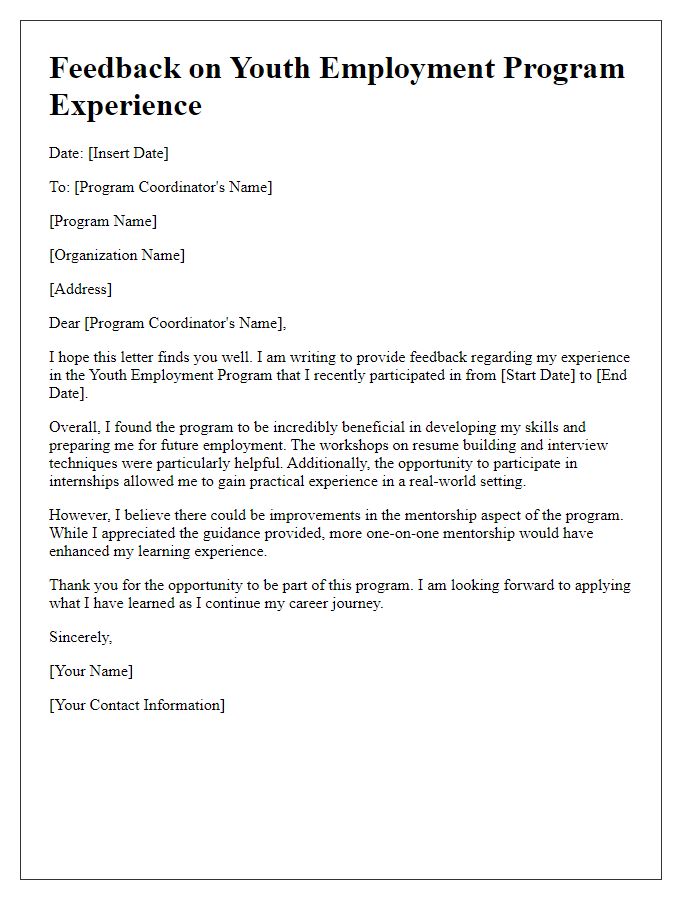 Letter template of Feedback on Youth Employment Program Experience