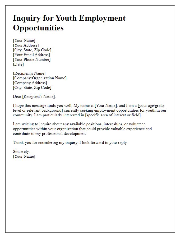 Letter template of Inquiry for Available Youth Employment Opportunities