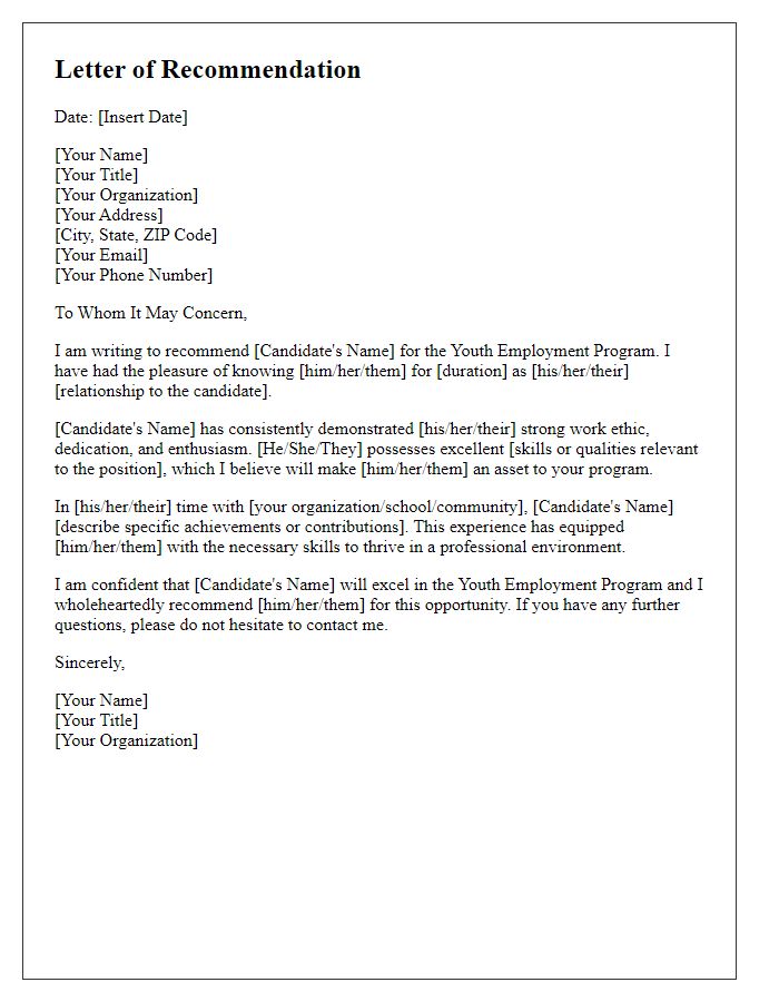 Letter template of Recommendation for Youth Employment Program Candidates