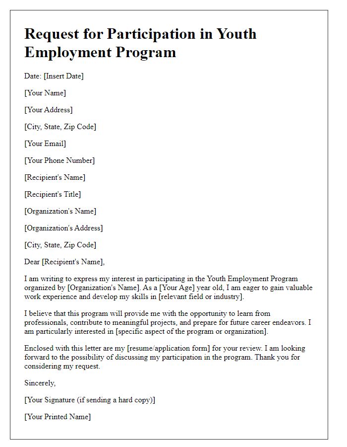 Letter template of Request for Youth Employment Program Participation