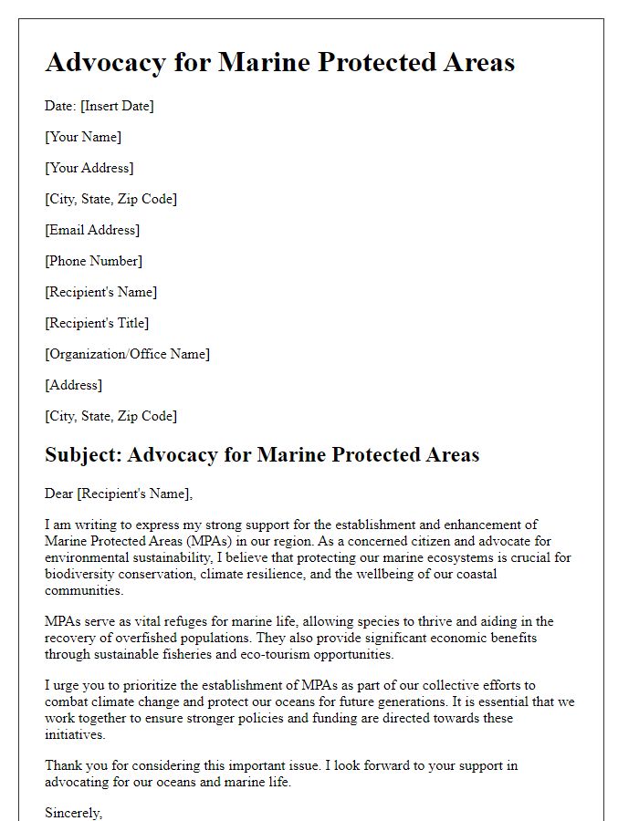 Letter template of advocacy for marine protected areas