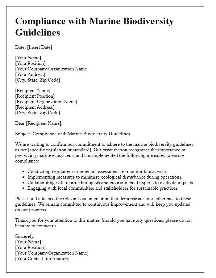 Letter template of compliance with marine biodiversity guidelines