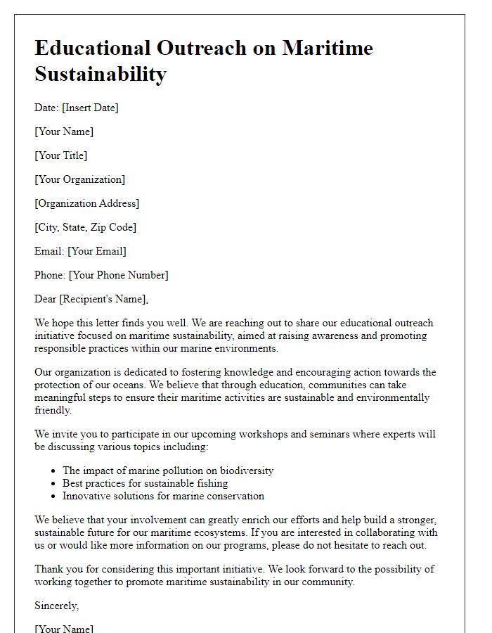 Letter template of educational outreach on maritime sustainability