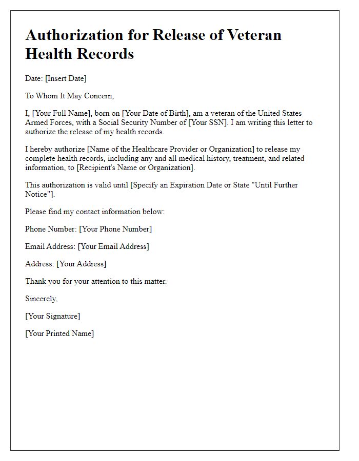 Letter template of authorization for veteran health records