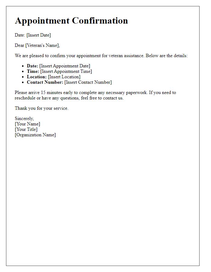 Letter template of confirmation for veteran assistance appointments