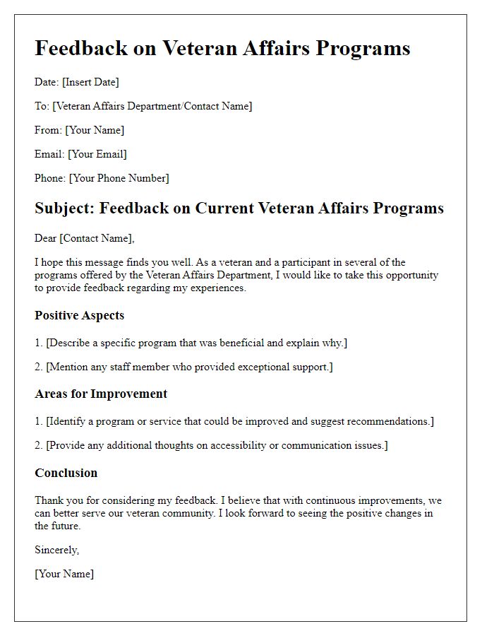 Letter template of feedback on veteran affairs programs