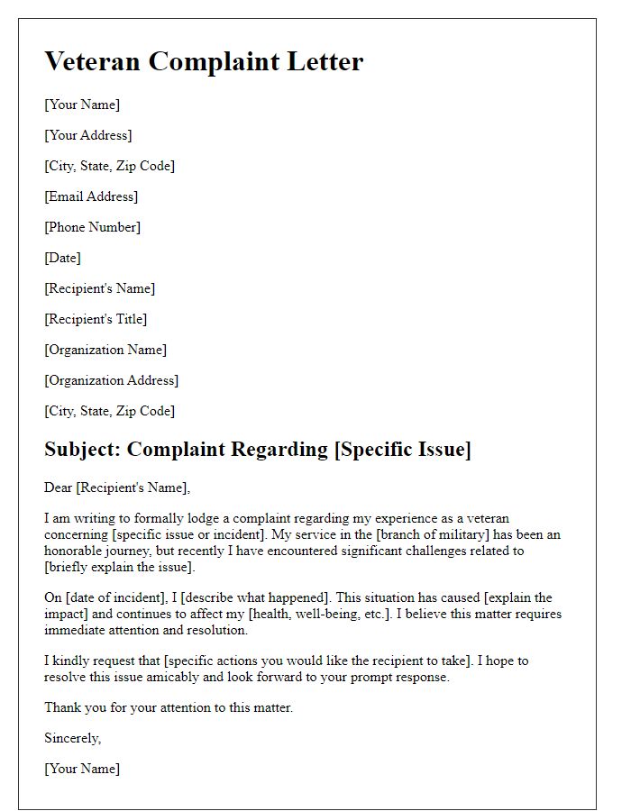 Letter template of filing a veteran complaint