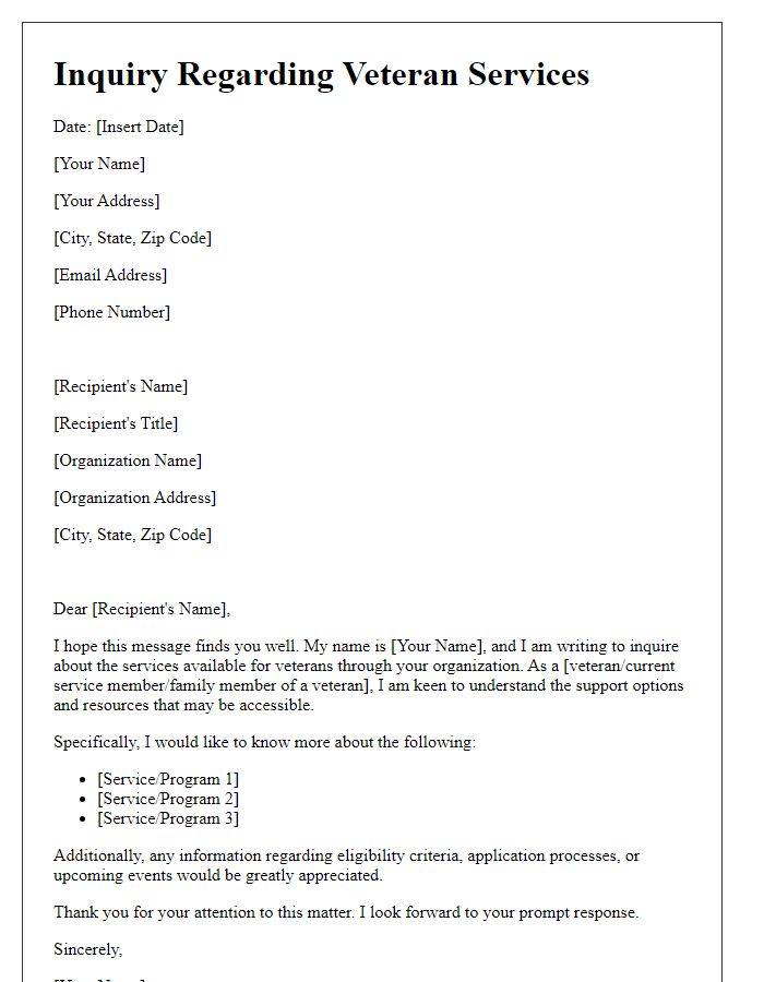 Letter template of inquiry regarding veteran services