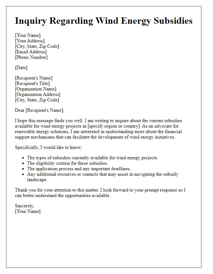 Letter template of inquiry regarding wind energy subsidies