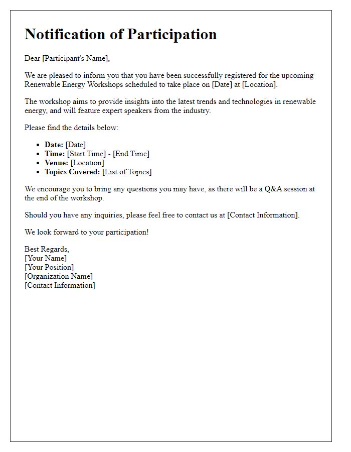 Letter template of notification for participation in renewable energy workshops