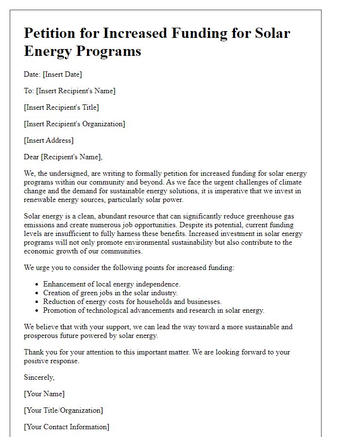 Letter template of petition for increased funding for solar energy programs